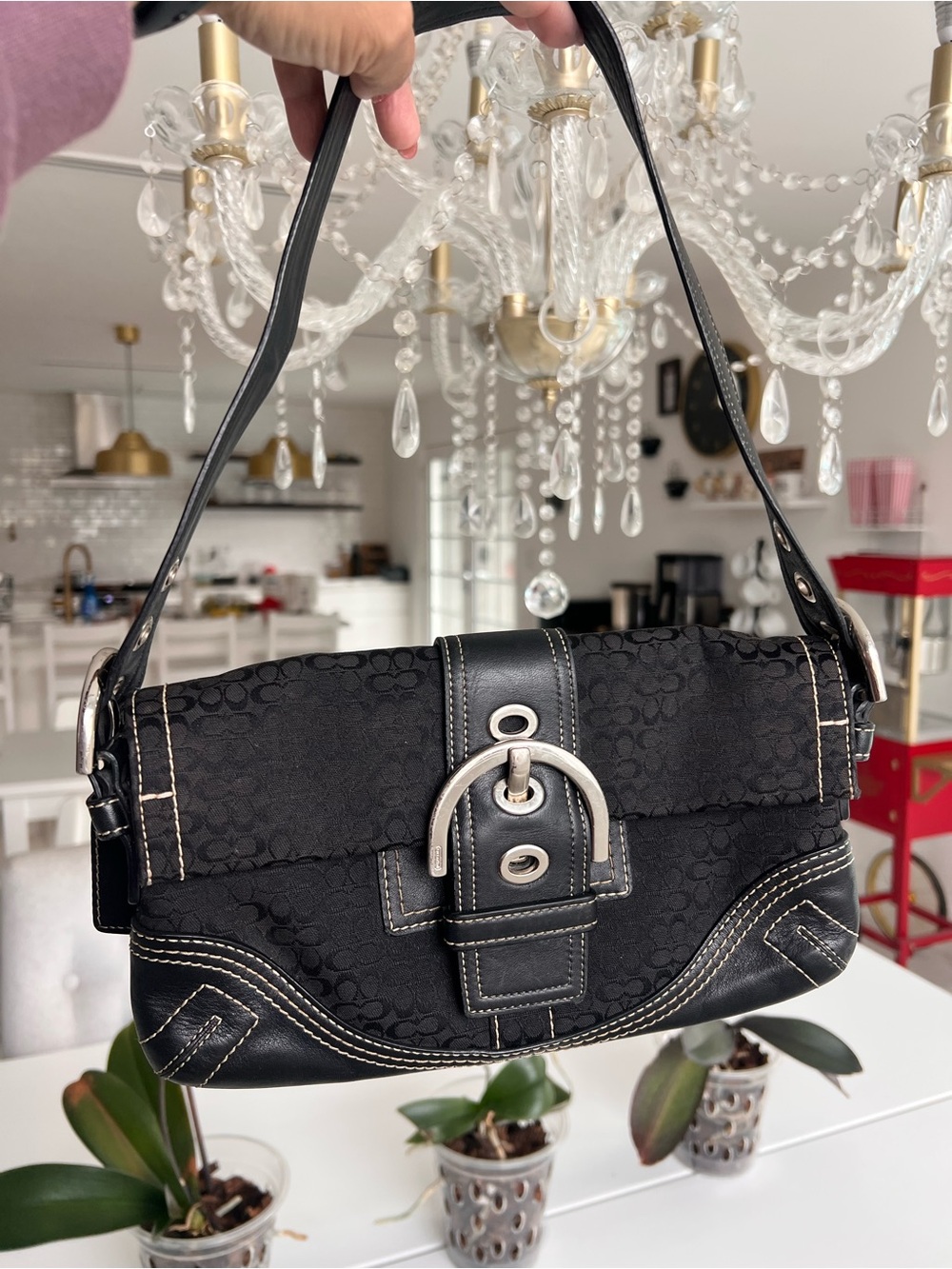Coach soho Black Canvas & Leather Shoulder Bag with Silver Buckle